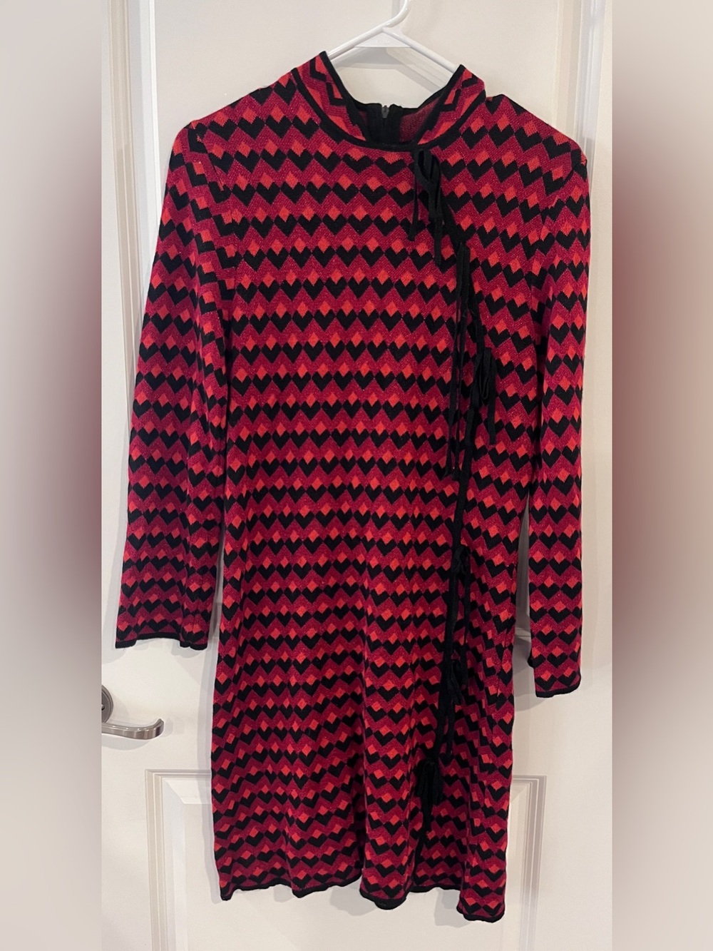 Zara Red Black Metallic Geometric Chevron Knit Side Tie Mock Neck Midi Dress M